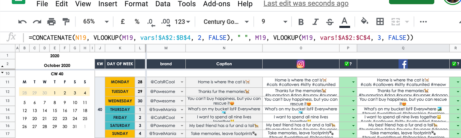 Final result of spreadsheet that uses CONCATENATE and VLOOKUP to get captions ready to publish for Social Media.