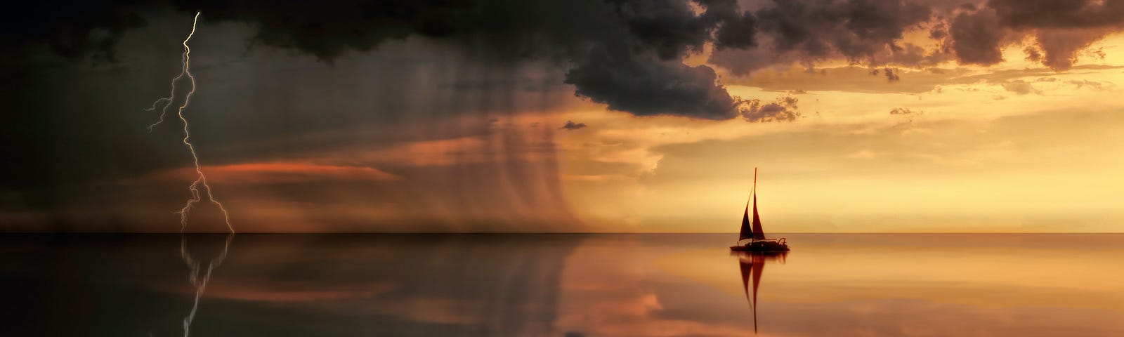 A boat out at sea with a storm in the distance