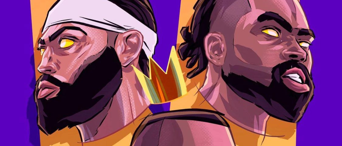 The heads of LeBron James, Anthony Davis, and D’Angelo Russell, all with gold in their eyes and crowns on their head, in front of a gold grown backdrop and purple background.