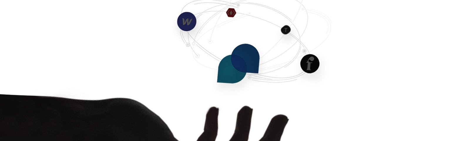 The silhouette of a dark hand with icons orbiting above it.