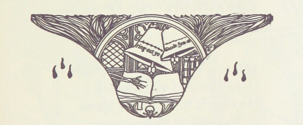 woodcut with some bells ringing above a book that a skeleton is reaching across