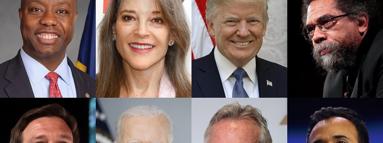 Campaign headshots of candidates Tim Scott, Marianne Williamson, Donald Trump, Cornell West, Ron Desantis, Joe Biden, Robert Kennedy, and Vivek Ramaswamy.