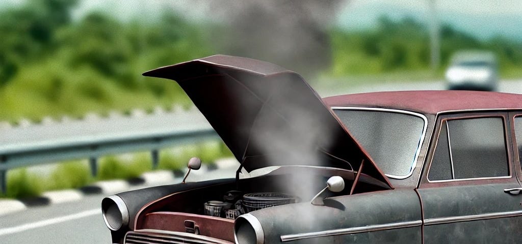 IMAGE: A hyper-realistic illustration of an old car on the side of the road with its hood open, experiencing car trouble with smoke coming out of the hood