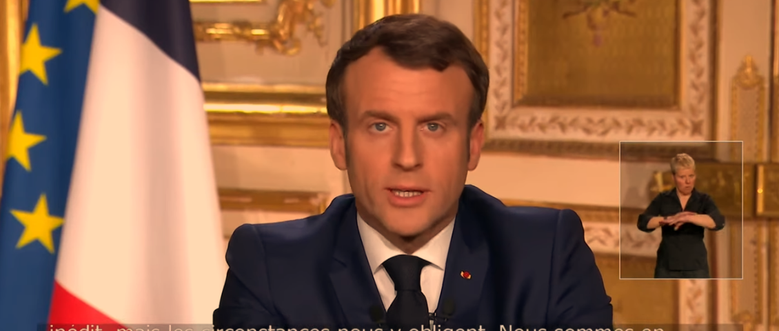 French President Emmanuel Macron making his March 18 televised address to the nation.