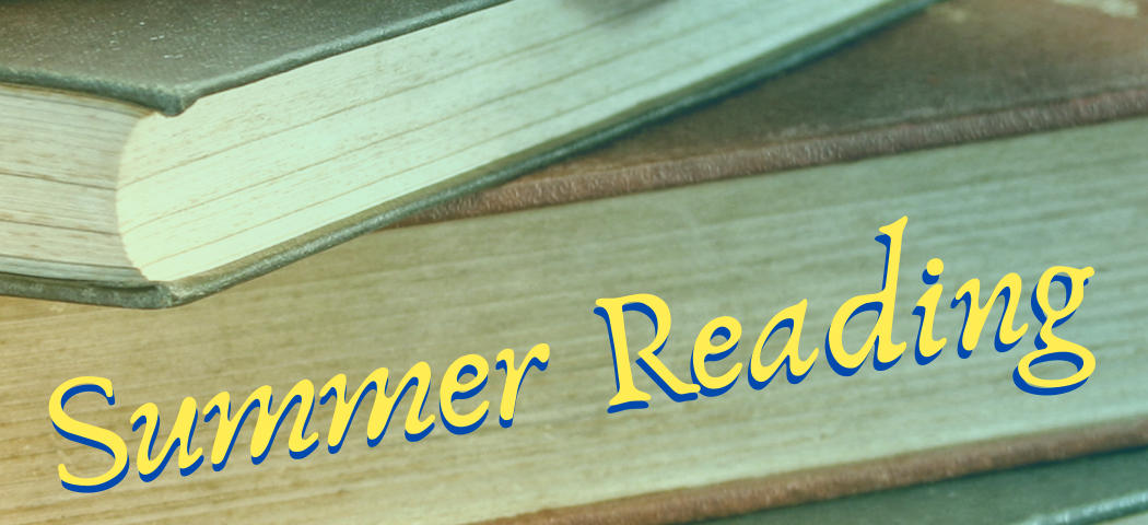 Several books stacked and viewed from the side. The books are old, with weathered covers. “Summer Reading” is written along one of the book’s diagonal lines, with yellow text on top of blue. There is a mild blue-yellow gradient on top of the image.