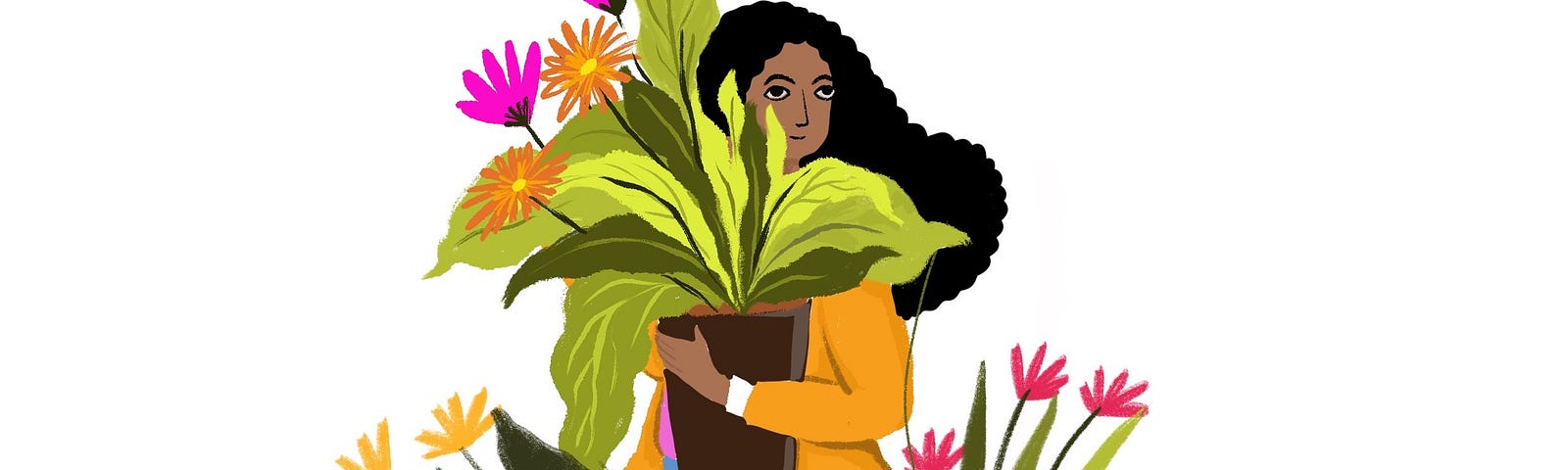 Colourful illustration of a woman holding a plant with big leaves and flowers