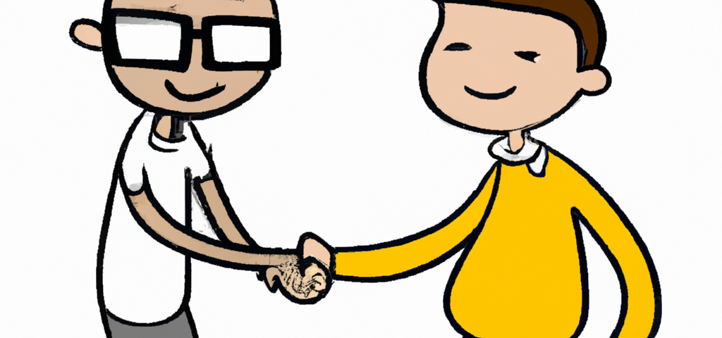 cartoon: two guys with differing world views smiling and shaking hands