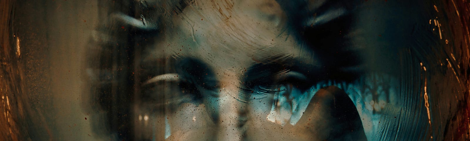 A woman’s eyes gaze through a smeared, blue and black painted glass surface, evoking the fragmented surrealism of a dream.