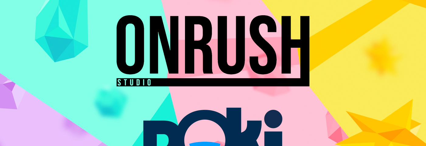 ONRUSH Studio and Poki logo on a multicoloured (purple, teal, pink, yellow) background