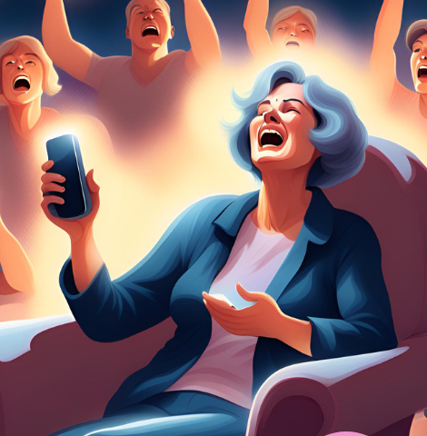 A middle-aged woman sitting in a chair holding a cell phone. Surrounding her are men and women screaming at her.