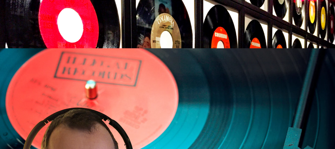 photo of a DJ playing music on a turntable with a background of vinyl records