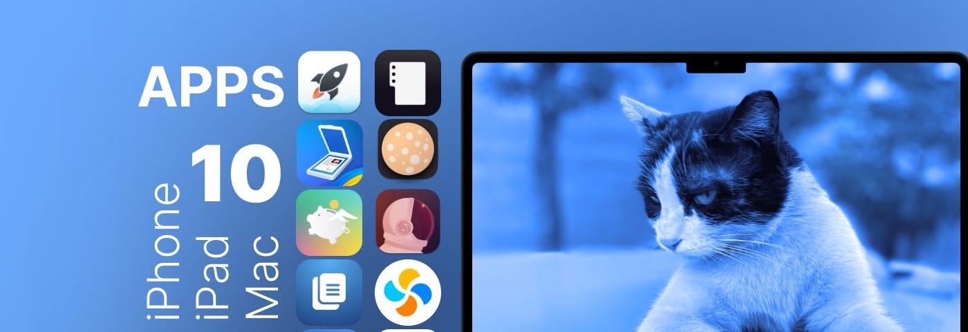 Image of a MacBook with a picture of a cat inside it. Next to the Mac is the icons of ten apps and after that the text apps 10 iPhone iPad Mac July.