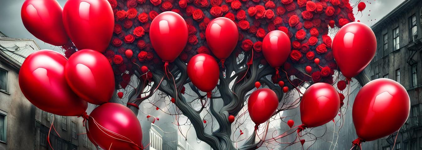 Tree, red balloons, red roses