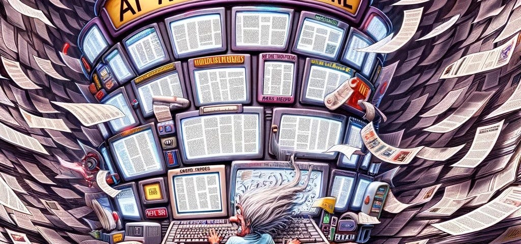 Cartoon style image of a man sitting at an ‘AI article machine’ with papers everywhere