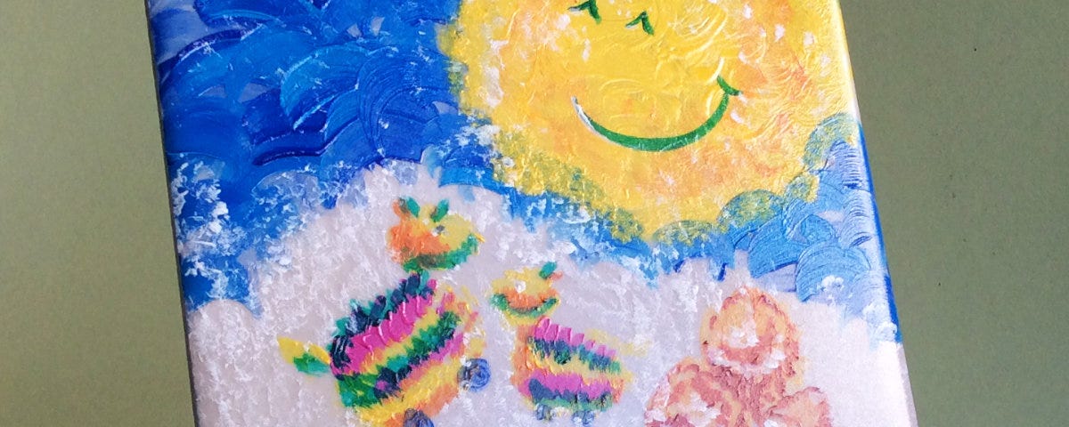 Painting on a square tile, a full moon with a smiley face in the deep blue sky. Two rainbow color rabbit lanterns and moon cakes next to them.