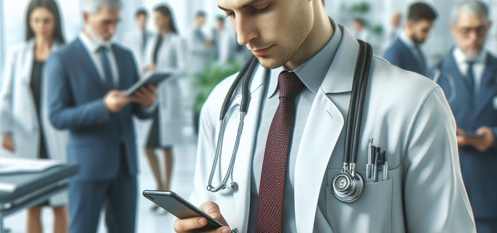 A realistic illustration of a doctor in a busy clinic checking his smartphone