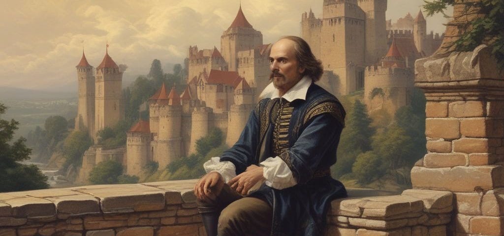 William Shakespeare sitting on a castle wall. AI art generated.