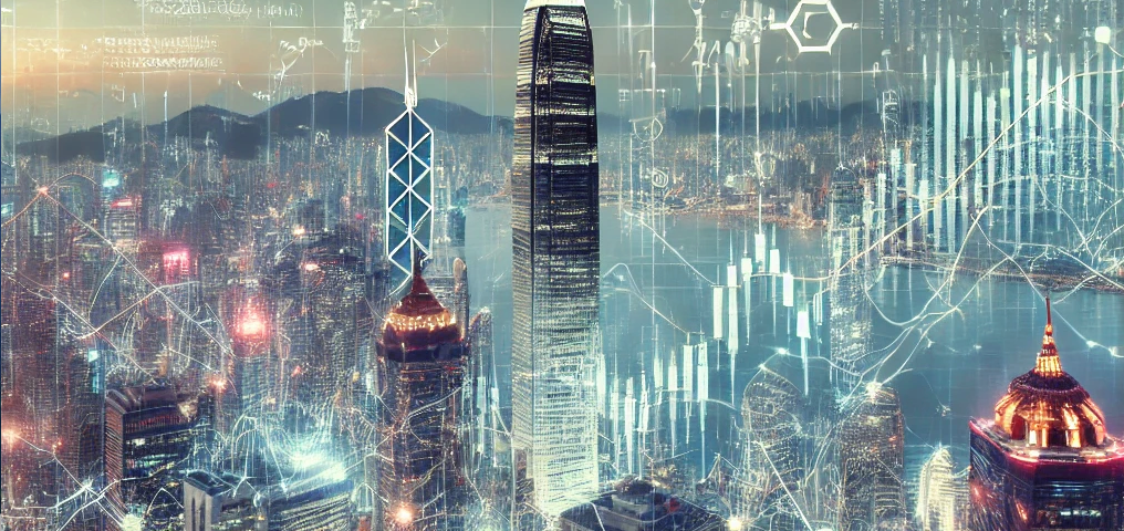 A detailed stock market graph overlaying a background of financial district skyscrapers from both Hong Kong and Shanghai. The graph highlights fluctuations in A-shares and H-shares prices, with lines and data points showcasing trading patterns. Additionally, algorithmic symbols and data points interconnect to emphasize the use of machine learning in trading strategies.