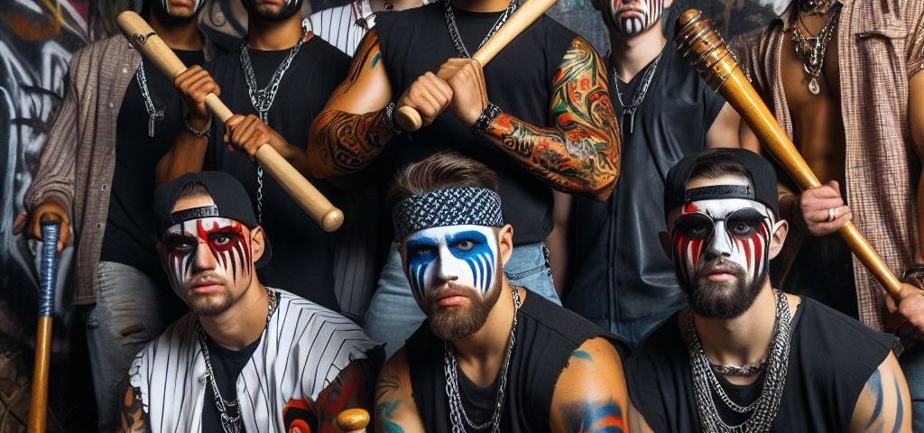 Nine guys with face paint holding baseball bats
