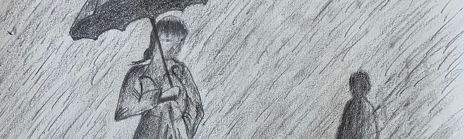 pencil sketch of a lady under an umbrella and a ghost in heavy rains