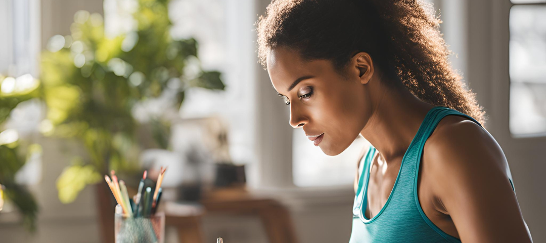 A woman wearing workout clothes sitting at a desk, writing in her day planner.