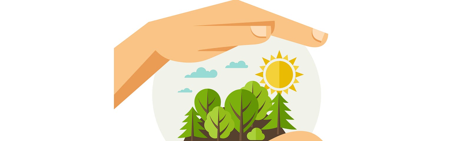 Illustration of a hand holding an ecosystem and the other hand above it to protect it