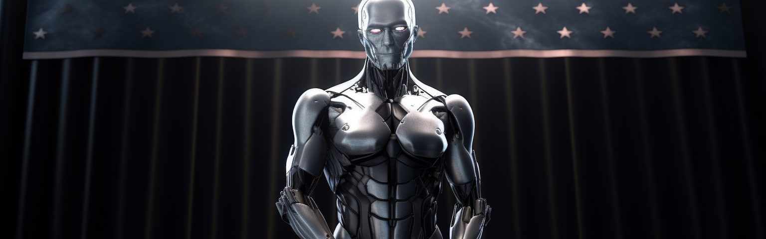 a cyborg standing at a podium