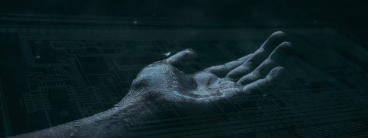 human hand reaching through faint circuit board