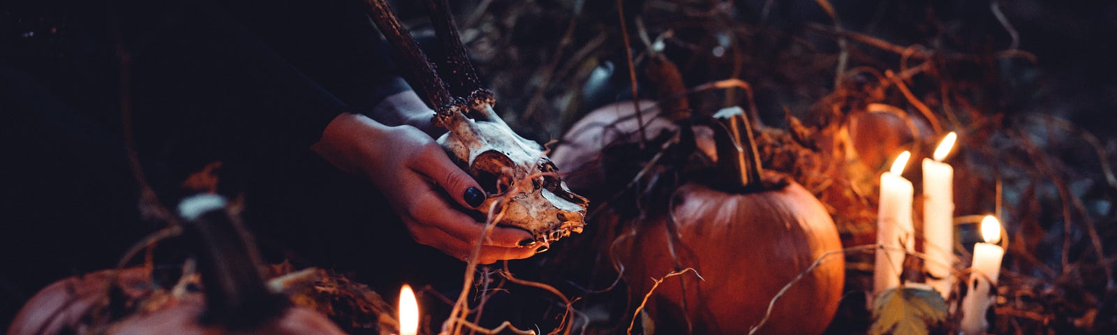 Hands holding an animal skull with spooky pumpkins and candles