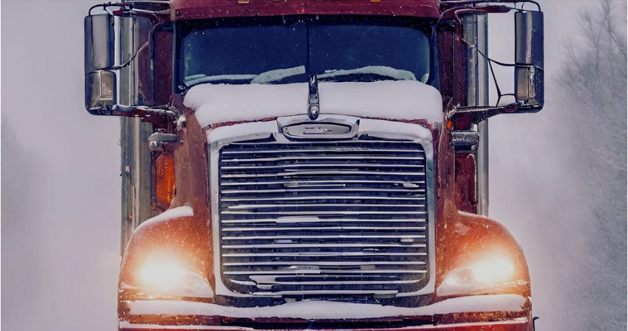 Semi-truck coming very close in a snowstorm.