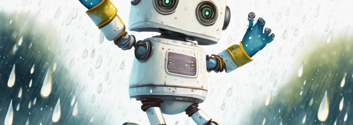 Cute robot in galoshes jumping in a puddle on a wet, rainy day, fantasy painting, 3d hyper realistic character, clear style, 3D