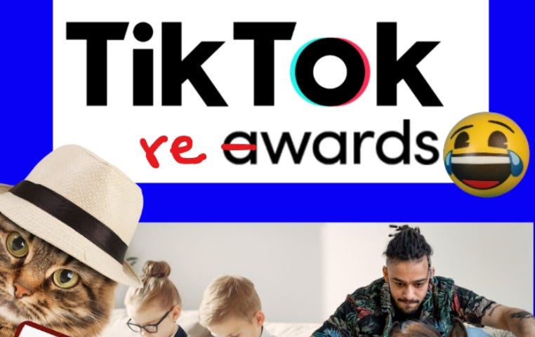 Two kids sitting on a couch watching videos. A man riding a strange horse, and a cat wearing a hat holding an award. A sign reads “TikTok rewards”