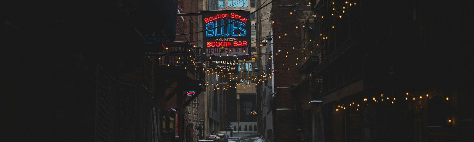 A strip of bars, with neon and string lights, in an alley on an early winter morning.