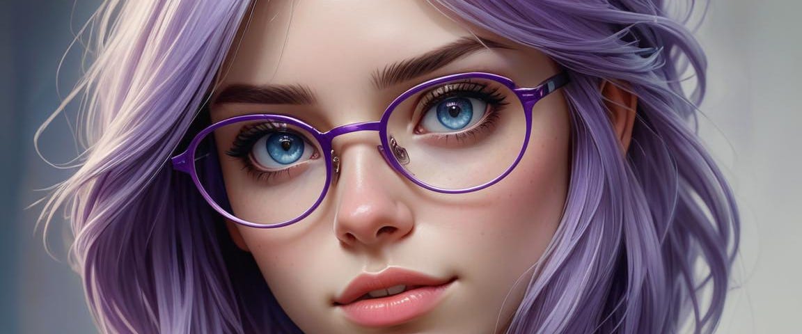 AI-rendered young adult girl with purple hair, purple glasses and large blue eyes.