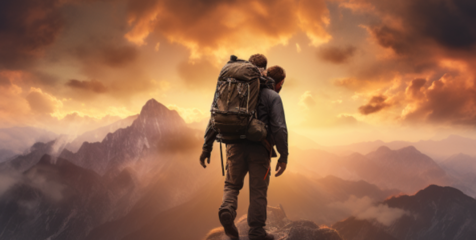 A man carrying a person with disabilities up a mountain together. The image evokes a sense of the power of community and what can be accomplished.