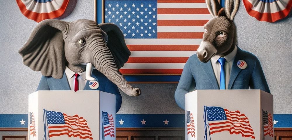 An elephant and donkey at a Voting booth representing the Duopoly in America’s Voting System.