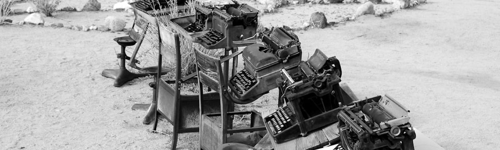 5 antique typewriters in disrepair on old desks lined up in a row in the desert