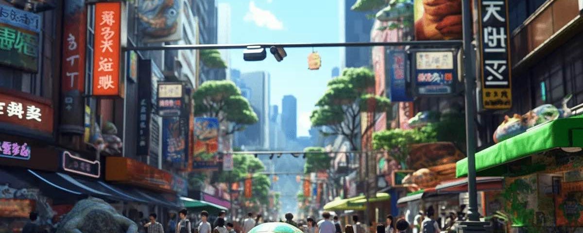 An illustration of Japanese street with a big turtle in the center