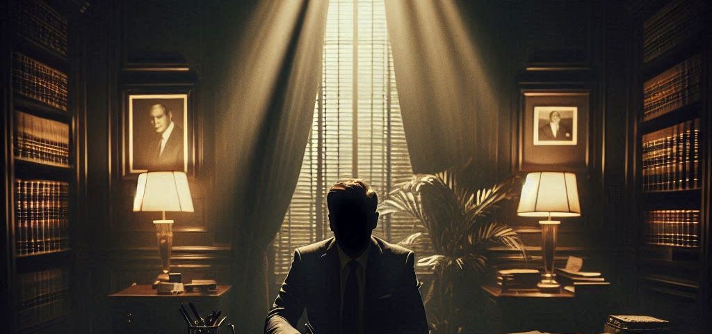 a dimly lit luxury attorney office with a man setting a a desk, his face obscured