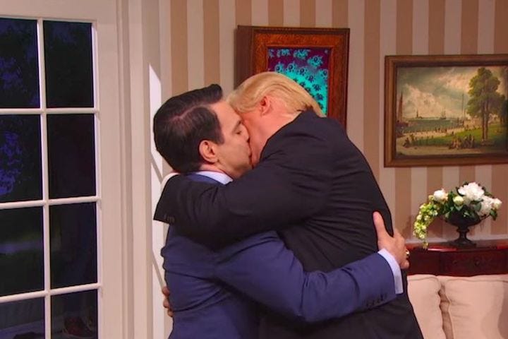 Former president Donald Trump kissing House Speaker Mike Johnson. Humor. Funny. Politics. Sex. America. Fidelity. Republicans.