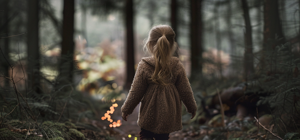 A four year old girl walking down a narrow path in a scary forest following a trail of tiny sparkly pebbles