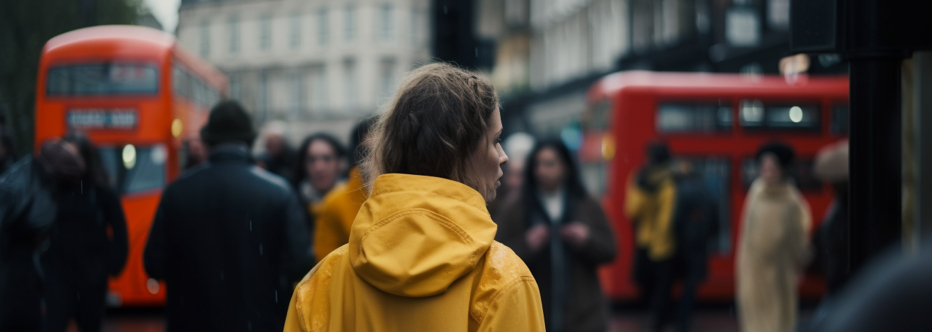 A woman in a yellow raincoat stands alone on a London pavement.