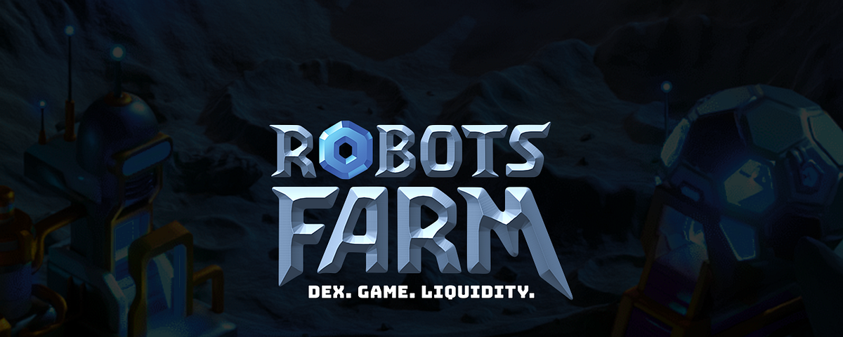 There is writen Robots Farm in the picture with black background