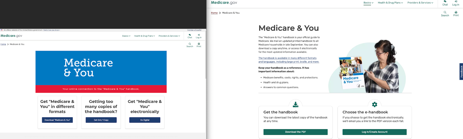 Screenshots from medicare.gov/medicare-and-you, with the before (left) and after (right)