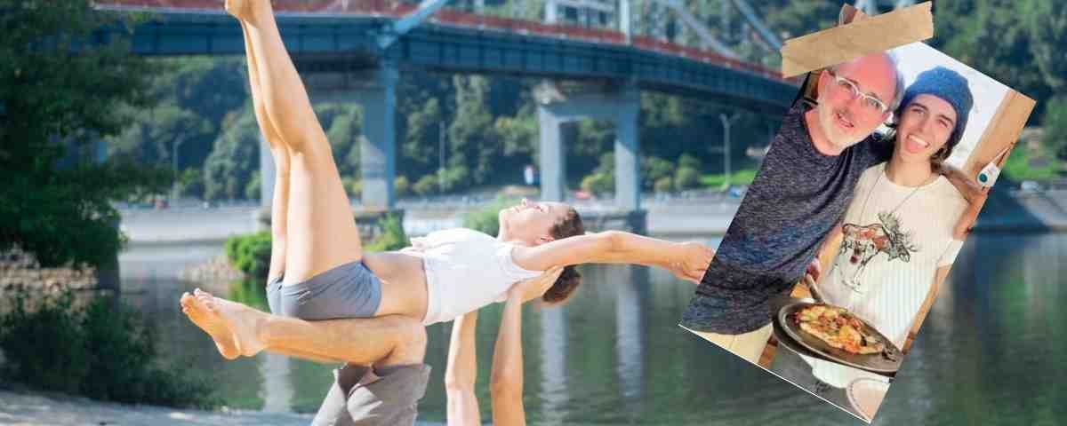 Young adults holding a yoga pose on top of each other in front of bridge over calm water. Taped in corner is a picture of 20 something and 60 something holding a pizza.