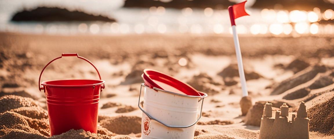 Child’s bucket, spade and sandcastle on seaside beach