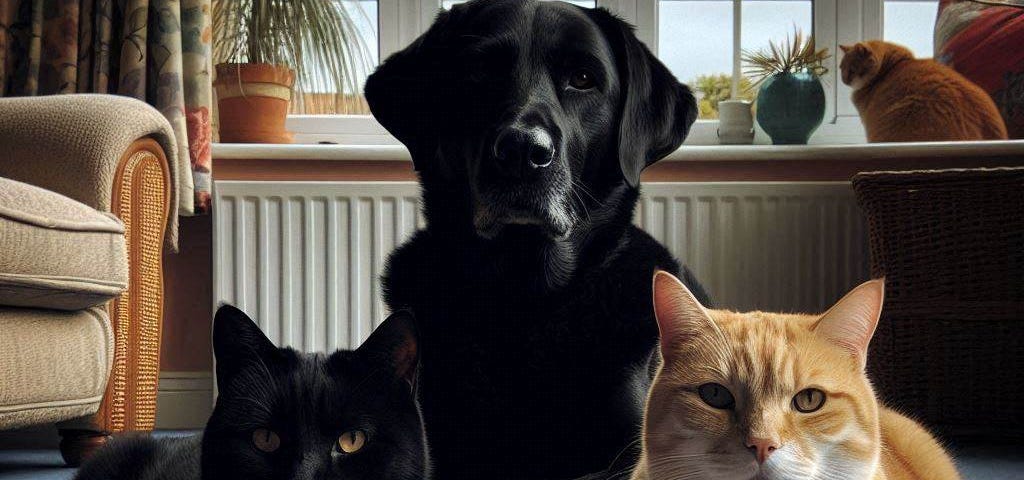 An AI image picturing a black cat, a black lab and an orange/white cat