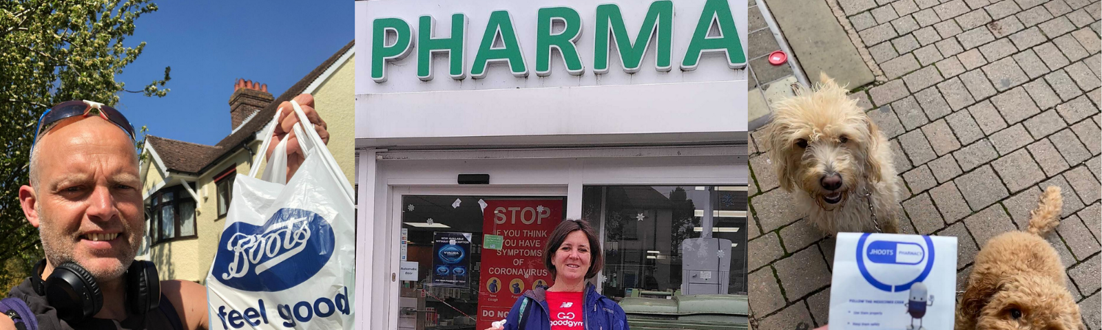 Three images of people holding pharmacy bags. In one photo, there are also two dogs looking up at the person holding the prescription.