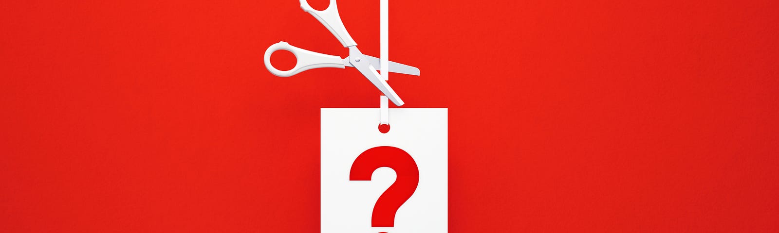 A white image of a pair of scissors poised to cut the string on a label with a question mark on it against a red background.