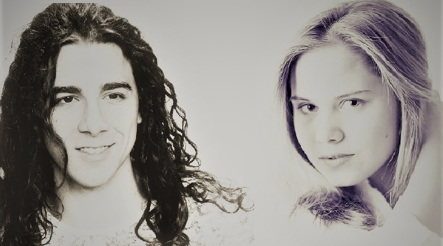 A black and white image of a young man with long dark curly hair and a young woman with blonde wavy hair.